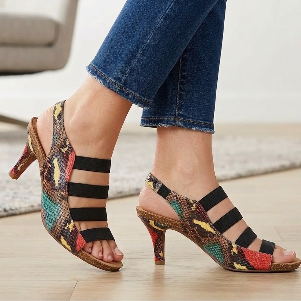 ANYI LU Sandals Multi Strap Snake Skin Leather Heel Size 40/9.5 Italian Shoes